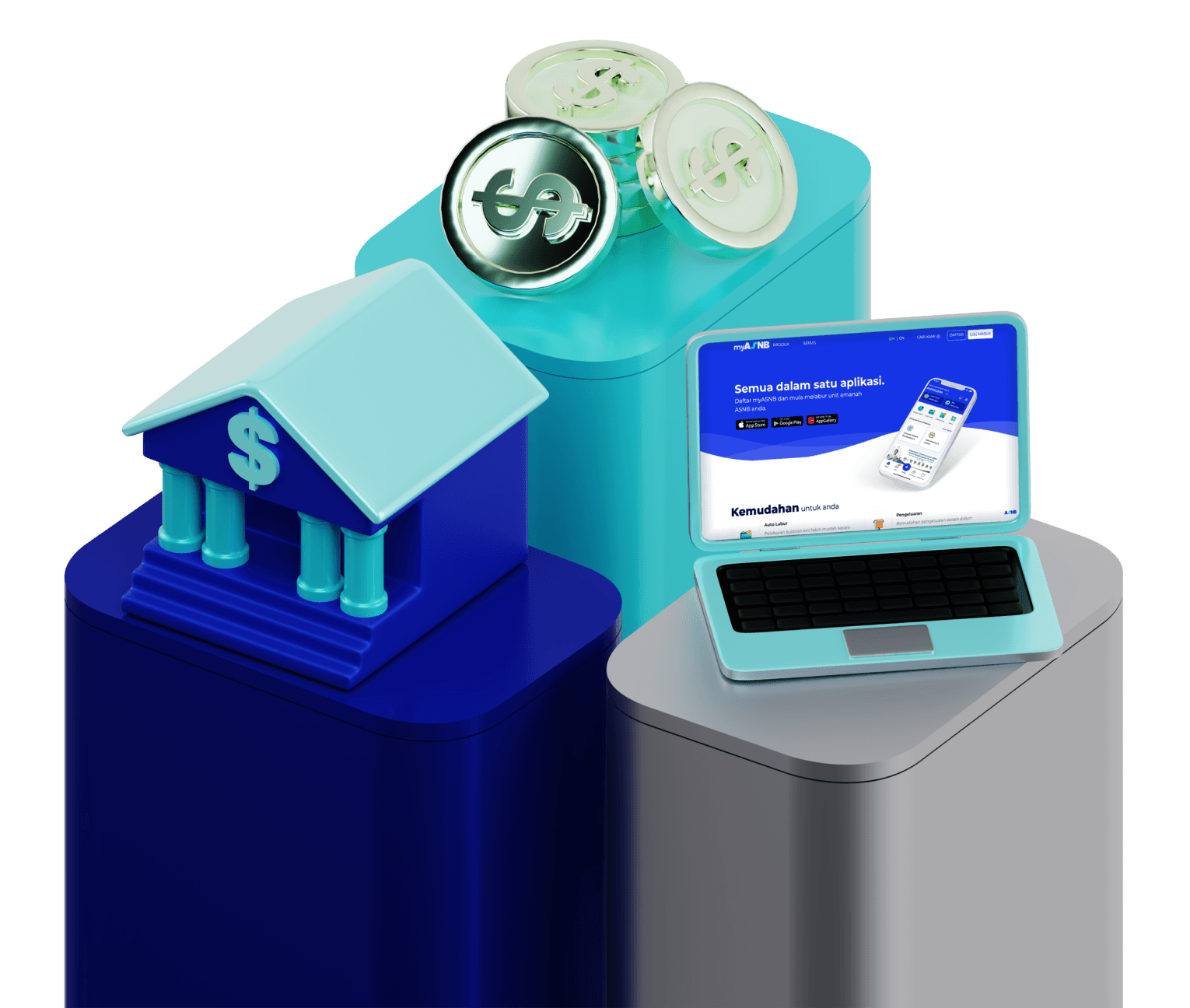 Transaction channels illustration: ASNB branch counter and the myASNB portal and app